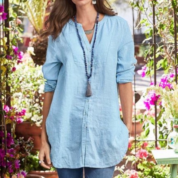 Sundance Linen Tunic Button Down - Light Blue - Picture 1 of 7
